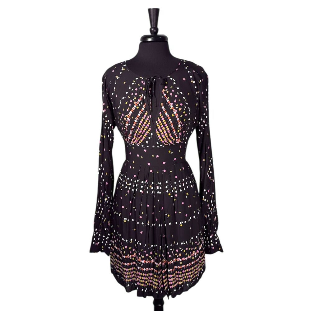 Free People Dress 6 Black Multicolor Boho Long Sleeve Open Back Mini Fit Flare